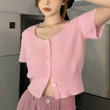 Woherb Spring And Summer New Korean Version Short Short Sleeve Jacket Female Small U Collar South Korea East Gate Thin Knit Cardigan-Outfit