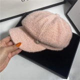 autumn winter soft Imitation mink pearl flower button leisure newsboy lady Octagonal hat women visors