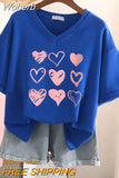 100% Cotton L-6XL T Shirt Plus Size Tshirt Short Sleeve Women Top Summer Heart Print Sweet V Neck Oversized T Shirts-Outfit