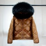 Winter Puffer Jacket Women Hooded 90% Duck Down Coat Short Female Shiny Glossy Feather Parkas Huge Real Raccoon Fur-Outfit