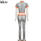Kliou Sexy Mesh Two Piece Set Women SeeThrough Midnight Style Striped Color Blocking Top+Letter Print High Stretchy