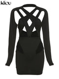 Kliou Sexy Hollow Out Mini Dress Women Solid Unique Design Long Sleeve Backless Body-Shaping Cleavage Hip Skirt Female