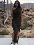 Kliou Solid Elegant Maxi Dress Women Inclined Shoulder Sleeveless Body-Shaping Side Split Robe Partywear Female