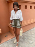 Hook Flower Hollowed Out Blouse For Women Chic V Neck Half Sleeve Single Breasted Shirt Summer Lady High Streetwear 2024-Outfit