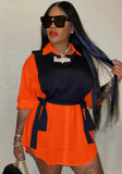 Casual Turn-down Collar Full Sleeves Solid with Black Vest Mini Loose Two Piece Shirt