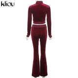 Kliou Solid Velour Two Piece Set Women Simple Casual Zipper Long Sleeve Turtleneck Top+Bandage Lace Slim Female Wide Leg