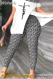 Women Spring Summer Geometric Print Split Hem Top & Pants Set 2pcs Clothes Suit Fashion Casual-Outfit
