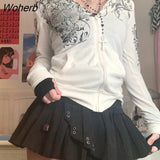 Chic Rhinestone Floral Print Hoodies Women Y2K Aesthetic Zipper Long Sleeve Sweatshirts Hooded Coat Pockets Outerwear-Outfit