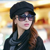 Autumn Winter Wool Beret Hat for Women Female Solid Octagonal Cap Black