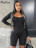 Chain Patchwork Women Long Sleeve Backless Playsuit Skinny Sexy Streetwear Casual Sportswear 2022 Summer Solid