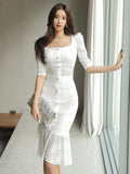 2 Piece Outfit Elegant Women Chic White Square Collar Short Crop Tops Shirt Blouse Mermaid Midi Skirt Slim Femme Mujer Sets-Outfit