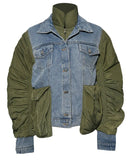 Winter Casual Denim Patch Ruched Long Sleeve Padded