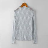 Women Lace Floral Embroidery Blouses Shirt Ladies tops Sexy mesh Blouses Transparent Elegant See-through Black