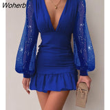 Women Sequins Ruffle Hem Ruched Bodycon Dress 2022 New Femme Deep V Neck Lantern Sleeve Mini Boho Robe Lady Outfits Y2k-Outfit