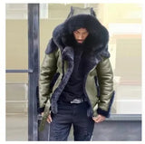 Men's Imitation Leather Plus Thick Fur One Short Zipper Coat Hooded Men's