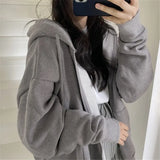 Women Korean Version Loose Hoodies Long Sleeve Zip Up Solid Pocket Oversized Sweatshirts Female Thin Harajuku Hooded Coat
