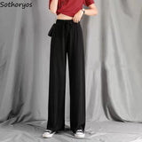 Pants Women Summer Solid Black Wide Leg Loose Drawstring Ulzzang Skin-friendly Simple Thin Breathable Comfortable
