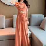 Women Sets Solid O-neck Cropped T-Shirts Elastic Waist Drawstrings Soft Breathable Ulzzang Casual Trendy Elegant Female Womens-Outfit