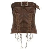 Leather Waist Strap Metal Buckle Wrapped Breasted Hottie Sexy Sleeveless Tops Street