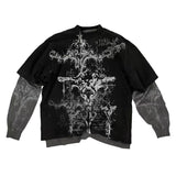 New Street Trendy Skull Graffiti Print T-Shirt Fake Two-Piece Casual Long-Sleeved