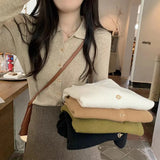 Woherb And Autumn New Polo Collar Sweater Short Jacket Women's Fashion Slim Pure Color Simple Small Cardigan Single Coat-Outfit