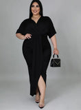 Plus Size V Neck Short Sleeve Slit Maxi