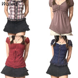 Lace Frill T-shirts Women Summer Fairycore Grunge Button Kawaii Puff Sleeve Pullovers Tees Retro Tops Aesthetic Clothes-Outfit