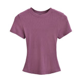 Trend Women's Wear Thread Slim Short-Sleeved T-Shirt Sexy Round Collar Solid Color Shoulder Show Thin Short Navel Blouse-Outfit