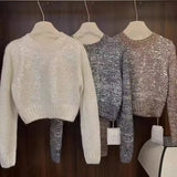 for Women 2023 Autumn Winter New Fashion Sequin Long Sleeve O Neck Short Pullover Chic Casual Knitted Vintage Jumpers-Outfit