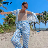 Plaid Women Casual Tracksuit Loose Pants Set Short Sleeve Shirt Tops And Long High Waisted Pants Two Piece Set