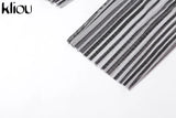 Kliou Mesh Striped Two Piece Set Women Sheath Body-Shaping High Street Sexy Hipster Long Sleeve O-Neck Female Streetwear