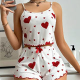 New 2025 Knitted Pit Strip Love Print Design Sweet Sling Shorts Pure Pyjamas
