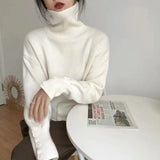 Woherb Lazy Wind Design Sense Buckle Pile Collar Loose Head Sweater Female Autumn Dong New Add Thick Warm Head Sweater-Outfit