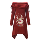Women's Large-Size Long-Sleeved Christmas Elk Printed Pleated Collar Pleated Irregular Long Tunic-Outfit