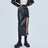 2 Piece Sets Womens Outfits Lace Up Black Shiny Crocodile Texture Leather Midi Skirt with Side Slit and Crop Top