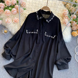 Summer New Chiffon Shirt Female Lapel Bubble Sleeves Loose Show Thin Nail Bead Versatile-Outfit
