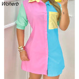Women Shirts Patchwork Dress Summer Fashion Casual Print Button Pocket Colorblock Shirt Mini Dress Women-Outfit