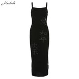 Autumn Women Fashion Chinese Character Print Spaghetti Strap Dress Lady Slim Split Hip Package Vintage Outfits 2019