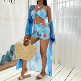 New 3 Pcs Long Sleeve Bikini Cover Up Swimwear Women Print Beach Wear Set High Waist Shorts Bandage Swimsuit Bathing