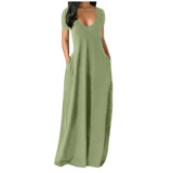 Maxi Dress 2021 Summer Fashion Solid V-Neck Short Sleeve Long Dresses Vestidos Female Casual Pockets Robe Dress Plus