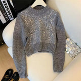 for Women 2023 Autumn Winter New Fashion Sequin Long Sleeve O Neck Short Pullover Chic Casual Knitted Vintage Jumpers-Outfit