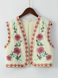 Floral Embroidered Women's Short Waistcoat Chic V Neck Sleeveless Cropped Cardigan 2024 Summer Female Party Fashion Tops-Outfit