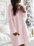 Autumn Winter New Fashion O Neck Women's Casual Straight Dress Long Sleeve Pocket Ladies Sexy Flannel Mini Dresses