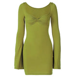 2021 Autumn Winter Women Ruched Square Neck Flare Long Sleeve Mini Dress High Neck Bodycon Sexy Casual Streetwear