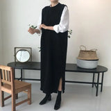 Casual Women Sleeveless Knitted Dress 2020 Spring O-neck Side Split Female Sweater Long Dress Waistcoat Vestidos femme-Outfit