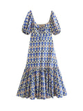 2023 Women Summer MIDI Dress Vintage Print Puff Sleeve Elastic Bust Female Elegant Street Mid-Calf Dresses Clothing-Outfit