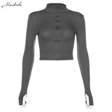 2021 Spring New Simple Bodycon Ribbed Knitted Zipper Tees Shirt Crop Top Casual Streetwear Elegant Solid Short Top