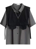 Gothic Men Suits Cargo Vest + Shirt + Shirts 3 Pieces Set Summer Clothes Punk Preppy Streetwear Casual Outfit Men Fashion