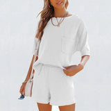 Casual Cotton Linen Pocket Sets Short Sleeve T Shirt And Elastic Shorts Two Piece Set Women Beach Solid Outfits