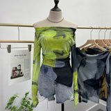 Dyed Printed Shoulder T-Shirt Design Sense Irregular Open Fork Thin Mesh Long Sleeve Top